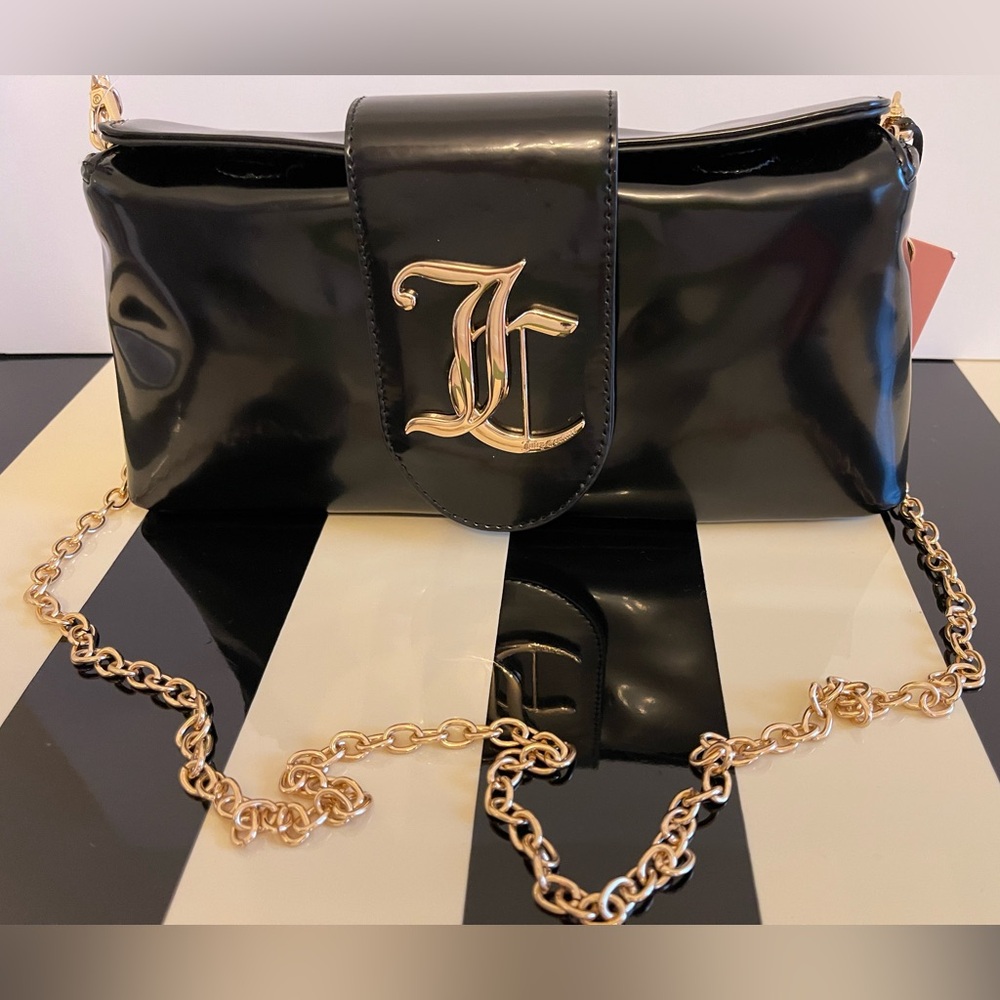 Juicy Couture Black Patent Chain Clutch with Gold Hardware